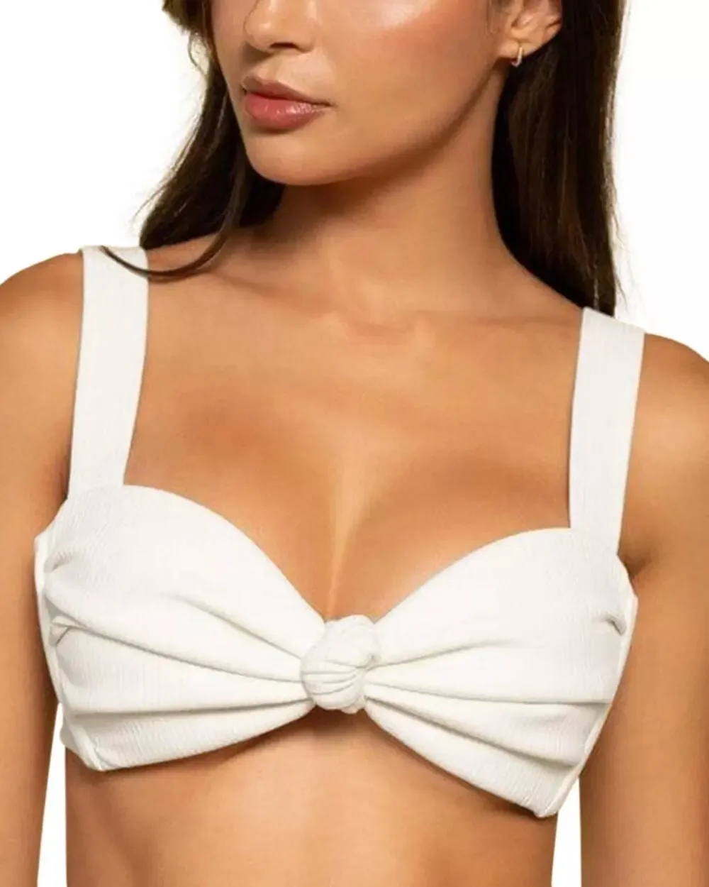 Montce Women Cream Ribbed Hayden Bow Styled Wide Strap Swim Bikini Top Size M